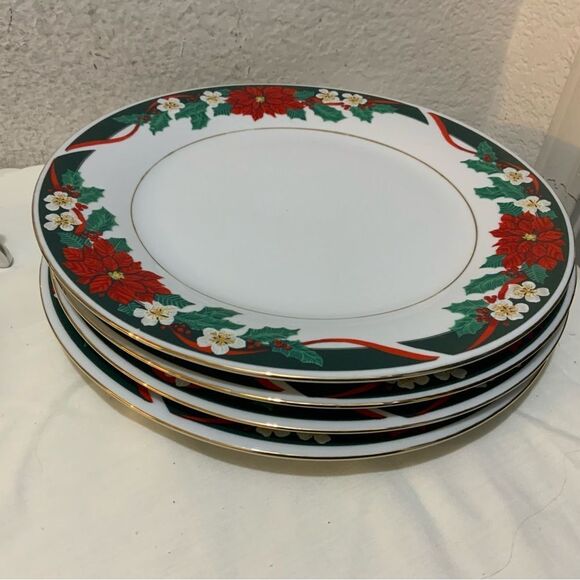 Tienshan DECK THE HALLS Set of 4 Dinner Plates Christmas Poinsettia Gold Rim - Picture 8 of 9